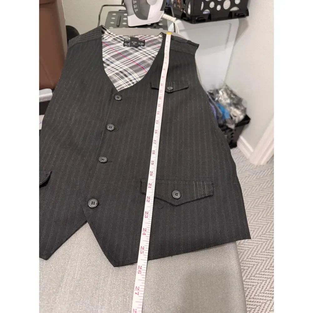 Pop Icon Clothing Black Pinstripe Vest Mens Plaid‎ Lined V-Neck Button Front xl